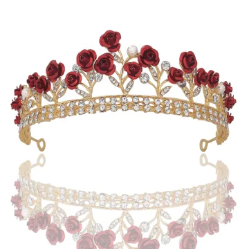 Snygga Fina Röd Blomma Rhinestone Guld Bröllop Tiara 2022 Legering Brud Huvudbonad