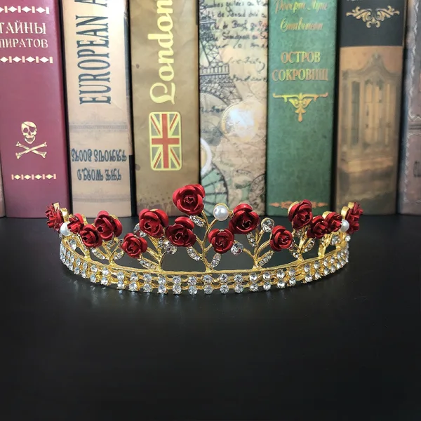 Fine Rød Blomst Rhinestone Gull Bryllup Tiara 2022 Legering Har Tilbehor