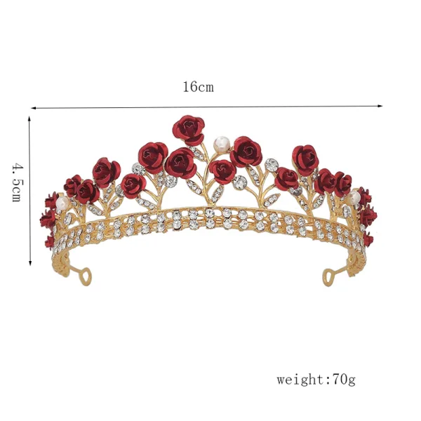Fine Rød Blomst Rhinestone Gull Bryllup Tiara 2022 Legering Har Tilbehor