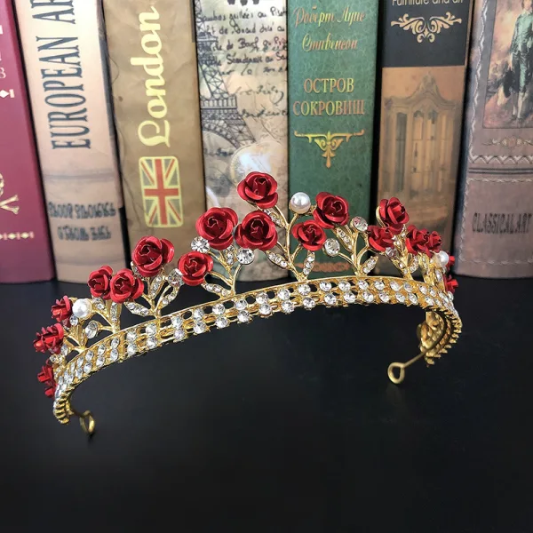 Fine Rød Blomst Rhinestone Gull Bryllup Tiara 2022 Legering Har Tilbehor