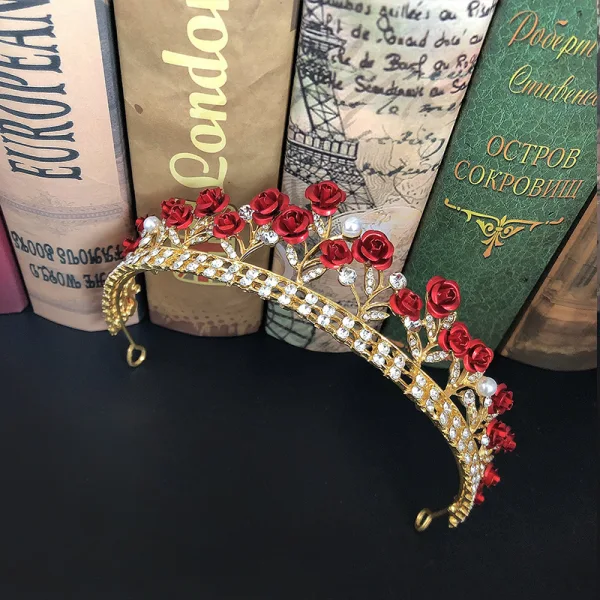 Fine Rød Blomst Rhinestone Gull Bryllup Tiara 2022 Legering Har Tilbehor