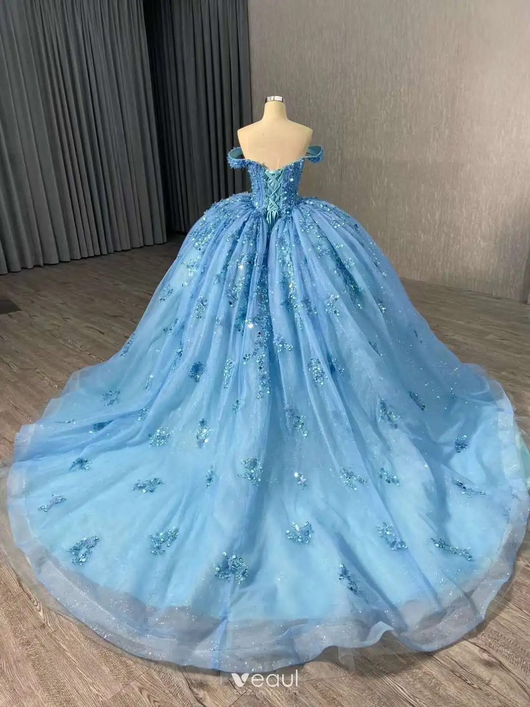 Flower Fairy 3D Lace Sky Blue Prom Dresses 2024 Crossed Straps Sequins ...