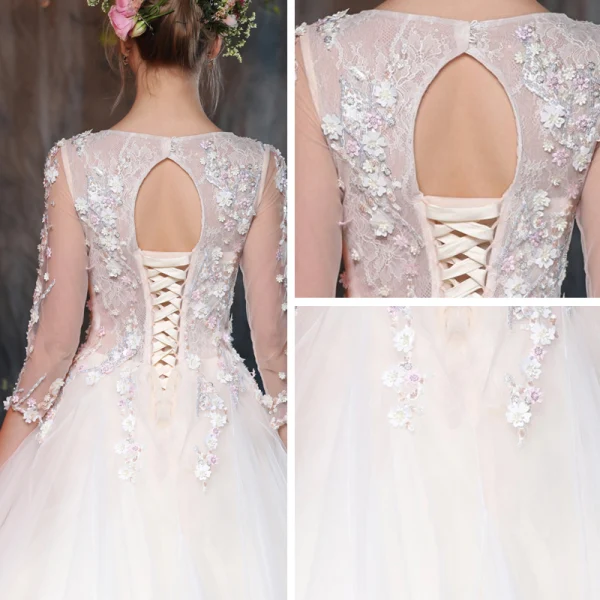 Classique Salle Robe De Mariée 2017 Blanche Robe Boule Longue Encolure Carrée 3/4 Manches Dos Nu En Dentelle Fleur Appliques