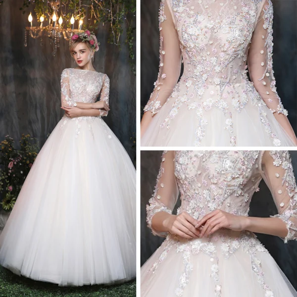 Classique Salle Robe De Mariée 2017 Blanche Robe Boule Longue Encolure Carrée 3/4 Manches Dos Nu En Dentelle Fleur Appliques