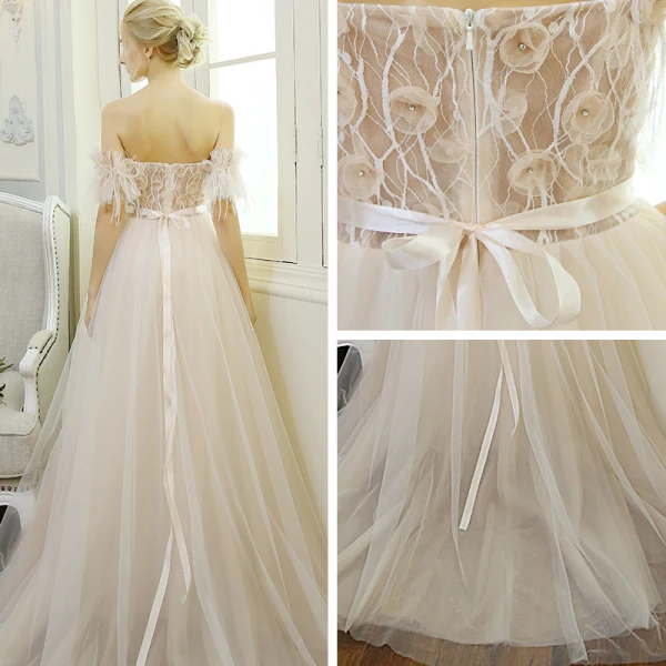Élégant Plage Robe De Mariée 2017 Champagne Princesse Train De Balayage Manches Courtes Gland De l'épaule Dos Nu En Dentelle Appliques Fleur Perle Faux Diamant Ceinture