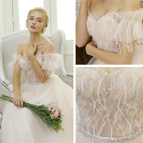 Élégant Plage Robe De Mariée 2017 Champagne Princesse Train De Balayage Manches Courtes Gland De l'épaule Dos Nu En Dentelle Appliques Fleur Perle Faux Diamant Ceinture