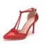 Elegant Red Pearl Lace Flower T-Strap Prom Womens Sandals 2025 9 cm Stiletto Heels Pointed Toe Sandals High Heels