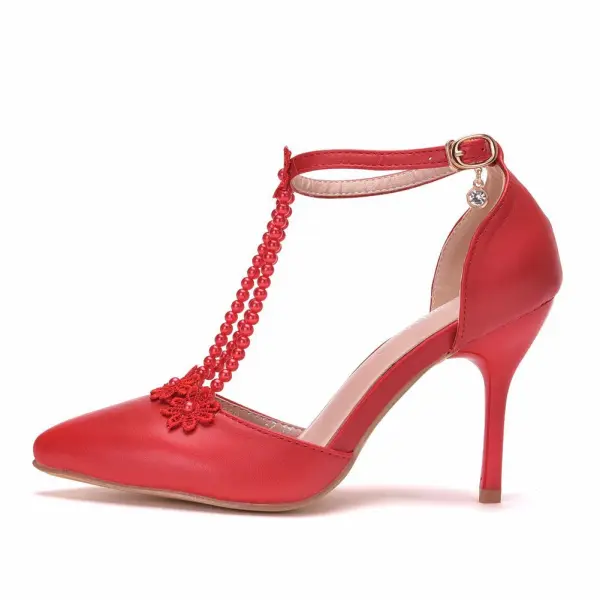 Elegant Red Pearl Lace Flower T-Strap Prom Womens Sandals 2025 9 cm Stiletto Heels Pointed Toe Sandals High Heels