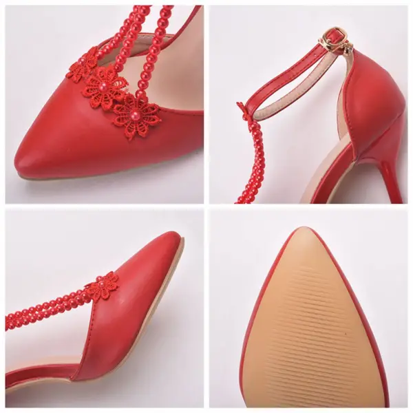 Elegant Red Pearl Lace Flower T-Strap Prom Womens Sandals 2025 9 cm Stiletto Heels Pointed Toe Sandals High Heels