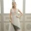 Elegant Beach Wedding Dresses 2017 White A-Line / Princess Sweep Train V-Neck Sleeveless Backless Lace Appliques Pearl