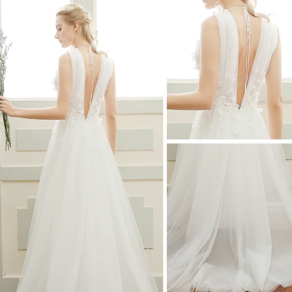 Elegant Beach Wedding Dresses 2017 White A-Line / Princess Sweep Train V-Neck Sleeveless Backless Lace Appliques Pearl