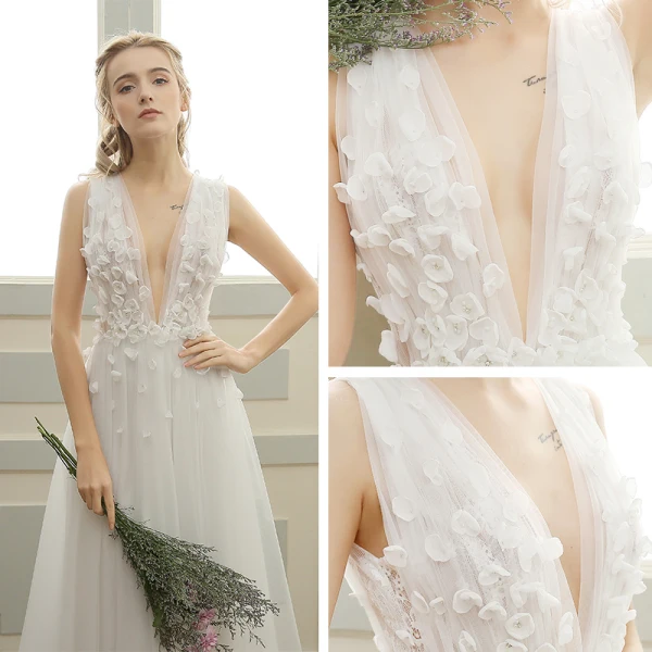 Elegant Beach Wedding Dresses 2017 White A-Line / Princess Sweep Train V-Neck Sleeveless Backless Lace Appliques Pearl