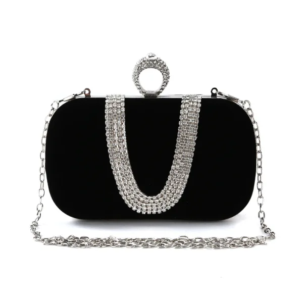 Chic / Beautiful Black Rhinestone Velour Prom Clutch Bags 2023