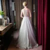 Piękne Sukienki Wizytowe 2017 Sukienki Na Bal Szary Princessa Trenem Sweep Kwadratowy Dekolt Kótkie Rękawy Bez Pleców Aplikacje Perła Kryształ Cekiny