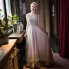 Piękne Sukienki Wizytowe 2017 Sukienki Na Bal Szary Princessa Trenem Sweep Kwadratowy Dekolt Kótkie Rękawy Bez Pleców Aplikacje Perła Kryształ Cekiny