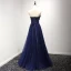 Fine Formelle Kjoler 2017 Selskapskjoler Blekk Blå Prinsesse Lange Kjæreste Uten Ermer Ryggløse Blonder Appliques Beading
