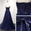 Fine Formelle Kjoler 2017 Selskapskjoler Blekk Blå Prinsesse Lange Kjæreste Uten Ermer Ryggløse Blonder Appliques Beading
