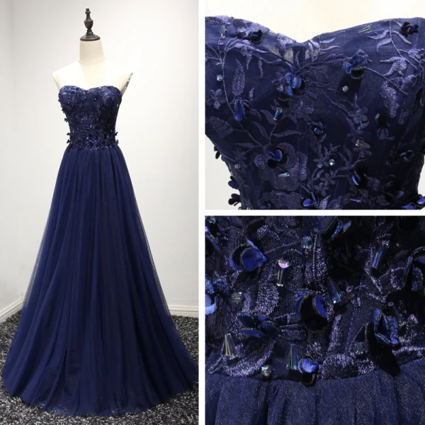 Fine Formelle Kjoler 2017 Selskapskjoler Blekk Blå Prinsesse Lange Kjæreste Uten Ermer Ryggløse Blonder Appliques Beading