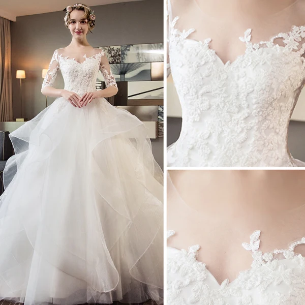 Chic / Beautiful Ivory Pierced Wedding Dresses 2018 Ball Gown Scoop Neck 1/2 Sleeves Backless Appliques Lace Cascading Ruffles Cathedral Train