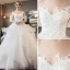Chic / Beautiful Ivory Pierced Wedding Dresses 2018 Ball Gown Scoop Neck 1/2 Sleeves Backless Appliques Lace Cascading Ruffles Cathedral Train