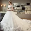 Chic / Beautiful Ivory Wedding Dresses 2018 Ball Gown Off-The-Shoulder Short Sleeve Backless Appliques Flower Ruffle Royal Train