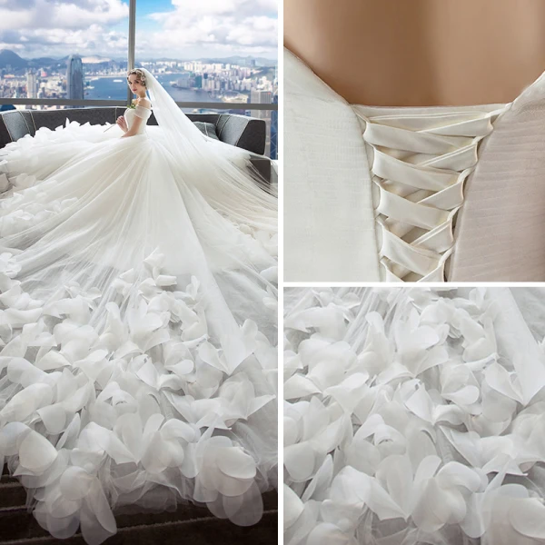 Chic / Belle Ivoire Robe De Mariée 2018 Robe Boule De l'épaule Manches Courtes Dos Nu Appliques Fleur Volants Royal Train