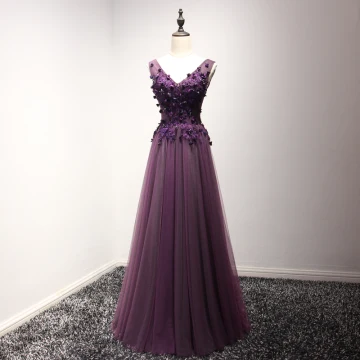 Snygga Fina Formella Klänningar 2017 Aftonklänningar Druva Prinsessa Långa V Hals Ärmlös Halterneck Spets Blomma Appliqués Beading Pärla