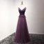 Chic / Beautiful Formal Dresses 2017 Evening Dresses  Grape A-Line / Princess Floor-Length / Long V-Neck Sleeveless Backless Lace Flower Appliques Beading Pearl