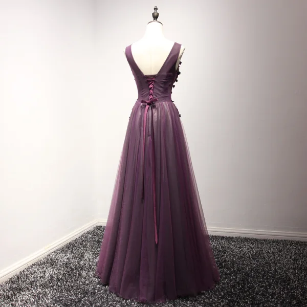 Chic / Beautiful Formal Dresses 2017 Evening Dresses Grape A-Line / Princess Floor-Length / Long V-Neck Sleeveless Backless Lace Flower Appliques Beading Pearl