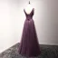 Chic / Beautiful Formal Dresses 2017 Evening Dresses  Grape A-Line / Princess Floor-Length / Long V-Neck Sleeveless Backless Lace Flower Appliques Beading Pearl