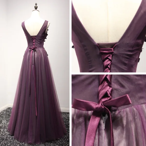 Chic / Beautiful Formal Dresses 2017 Evening Dresses Grape A-Line / Princess Floor-Length / Long V-Neck Sleeveless Backless Lace Flower Appliques Beading Pearl