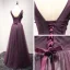 Chic / Beautiful Formal Dresses 2017 Evening Dresses  Grape A-Line / Princess Floor-Length / Long V-Neck Sleeveless Backless Lace Flower Appliques Beading Pearl