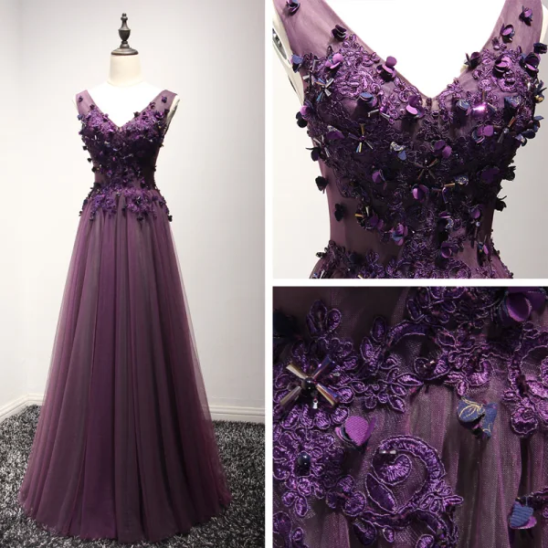 Chic / Beautiful Formal Dresses 2017 Evening Dresses Grape A-Line / Princess Floor-Length / Long V-Neck Sleeveless Backless Lace Flower Appliques Beading Pearl