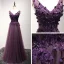 Chic / Beautiful Formal Dresses 2017 Evening Dresses  Grape A-Line / Princess Floor-Length / Long V-Neck Sleeveless Backless Lace Flower Appliques Beading Pearl