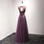 Chic / Beautiful Formal Dresses 2017 Evening Dresses  Grape A-Line / Princess Floor-Length / Long Scoop Neck Sleeveless Backless Lace Appliques Beading Pearl