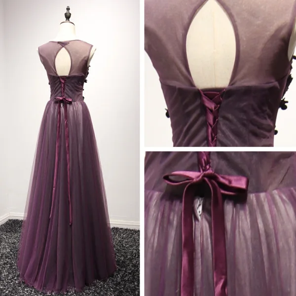 Chic / Beautiful Formal Dresses 2017 Evening Dresses  Grape A-Line / Princess Floor-Length / Long Scoop Neck Sleeveless Backless Lace Appliques Beading Pearl