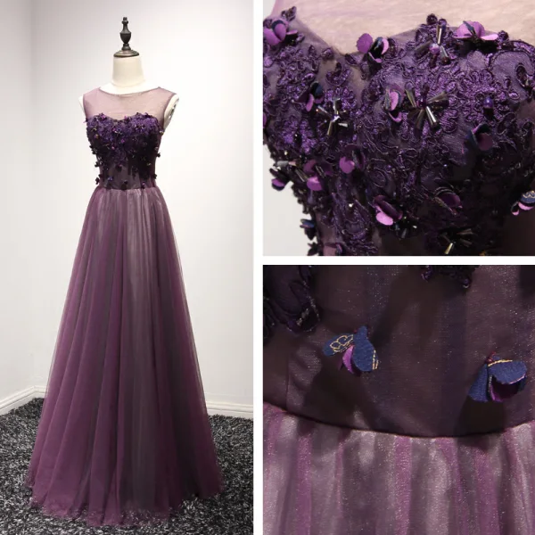 Chic / Beautiful Formal Dresses 2017 Evening Dresses  Grape A-Line / Princess Floor-Length / Long Scoop Neck Sleeveless Backless Lace Appliques Beading Pearl