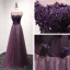 Chic / Beautiful Formal Dresses 2017 Evening Dresses  Grape A-Line / Princess Floor-Length / Long Scoop Neck Sleeveless Backless Lace Appliques Beading Pearl