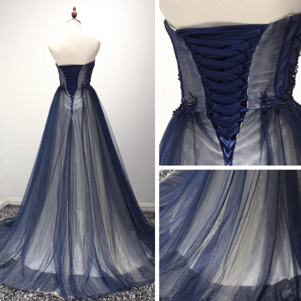 Schöne Festliche Kleider 2017 Abendkleider A Linie Sweep / Pinsel Zug Bandeau Ärmellos Rückenfreies Spitze Applikationen Perlenstickerei Strass