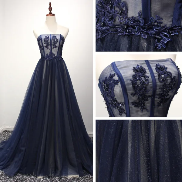 Schöne Festliche Kleider 2017 Abendkleider A Linie Sweep / Pinsel Zug Bandeau Ärmellos Rückenfreies Spitze Applikationen Perlenstickerei Strass
