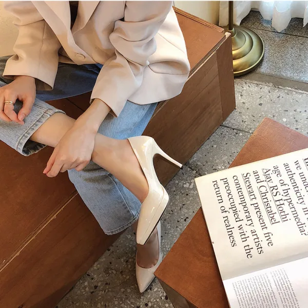 Schlicht Beige Büro OL Pumps 2020 Lackleder 12 cm Stilettos Spitzschuh Pumps