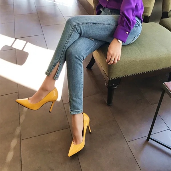 Schöne Gelb Büro OL Pumps 2020 Lackleder 8 cm Stilettos Spitzschuh Pumps