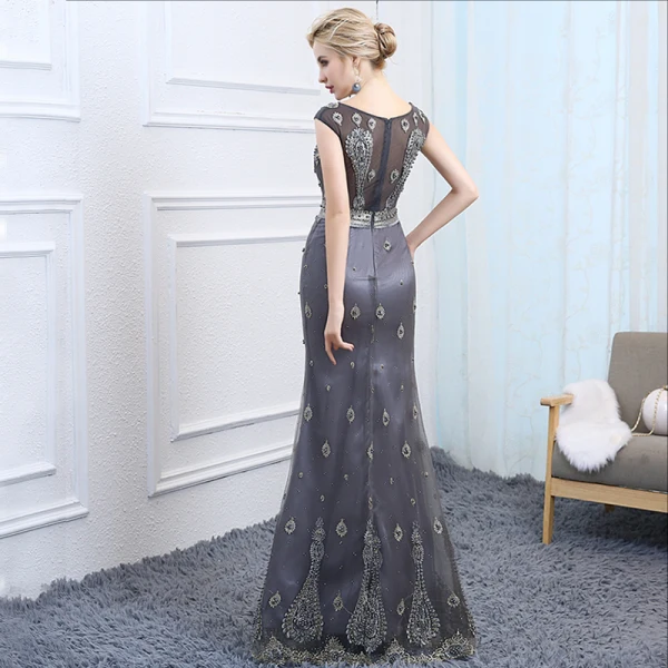 Chic / Belle Argenté Transparentes Robe De Soirée 2018 Trompette / Sirène Encolure Dégagée Sans Manches Perlage Perle Longue Robe De Ceremonie