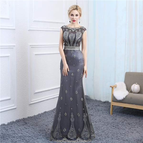Chic / Belle Argenté Transparentes Robe De Soirée 2018 Trompette / Sirène Encolure Dégagée Sans Manches Perlage Perle Longue Robe De Ceremonie