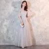 Elegant Grey See-through Evening Dresses  2018 A-Line / Princess Scoop Neck 1/2 Sleeves Appliques Lace Beading Floor-Length / Long Ruffle Backless Formal Dresses