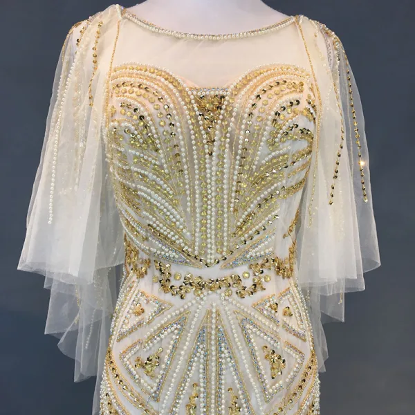 Luxe Ivoire Robe De Soirée 2018 Trompette / Sirène Perlage Perle Faux Diamant Paillettes Encolure Dégagée Dos Nu 3/4 Manches Train De Balayage Robe De Ceremonie