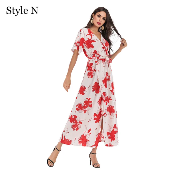 Summer Black Street Wear Beach Floral Maxi Dresses 2021 V-Neck Short Sleeve Women Dresses