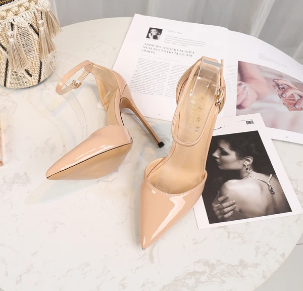 Sexy Fashion Black Cocktail Party Evening Party Womens Shoes 2021 Patent Leather Ankle Strap 12 cm Stiletto Heels Pointed Toe Womens Shoes High Heels