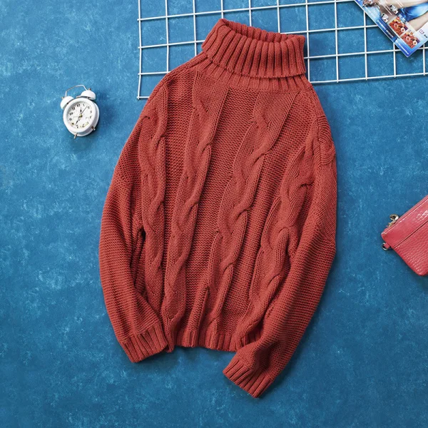 Fashion Fall Winter Red Casual Sweaters 2021 Cotton High Neck Long Sleeve Loose Women Tops