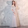 Elegant Grey See-through Evening Dresses  2018 A-Line / Princess Scoop Neck 1/2 Sleeves Appliques Lace Beading Floor-Length / Long Ruffle Backless Formal Dresses